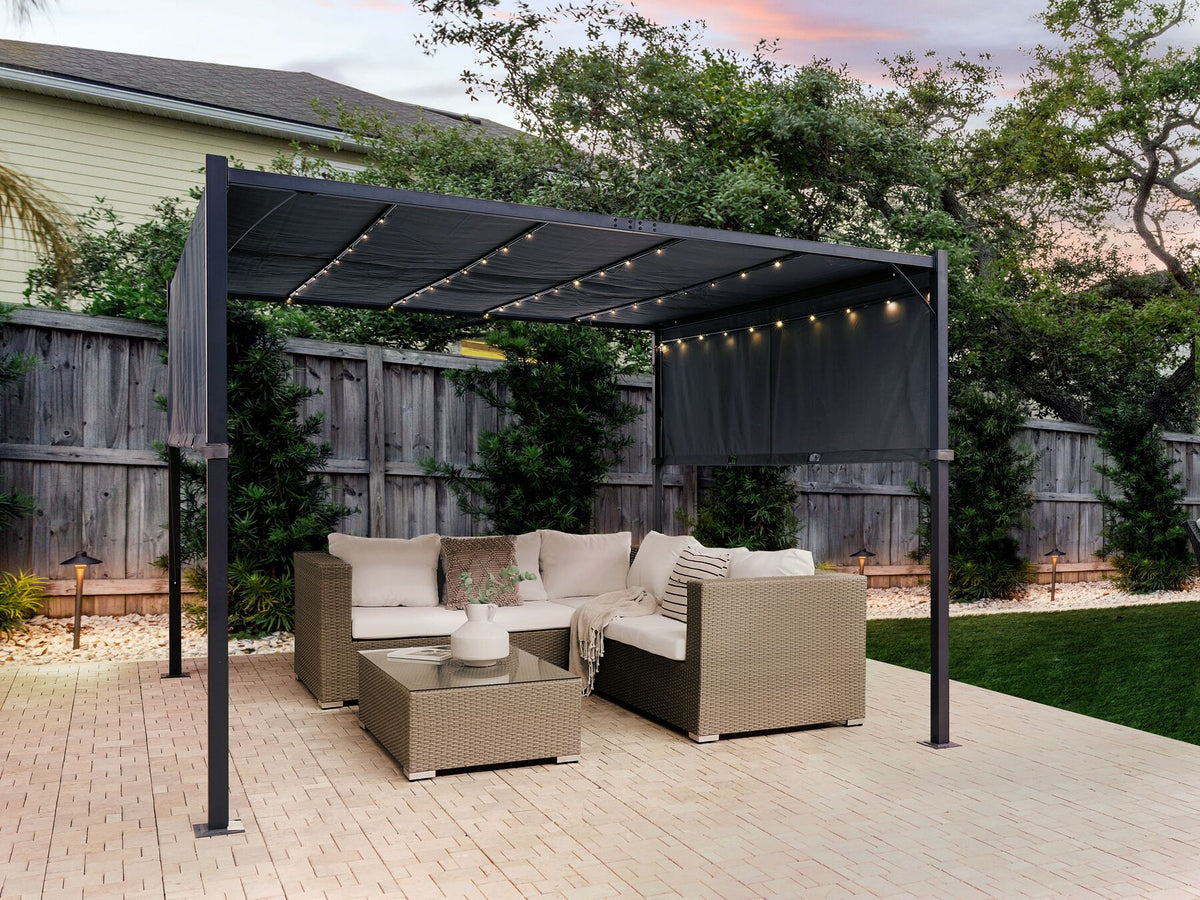 Pergola LuxeShine | Odporna na UV | Z regulowanym zadaszeniem | Lampa LED na energię słoneczną