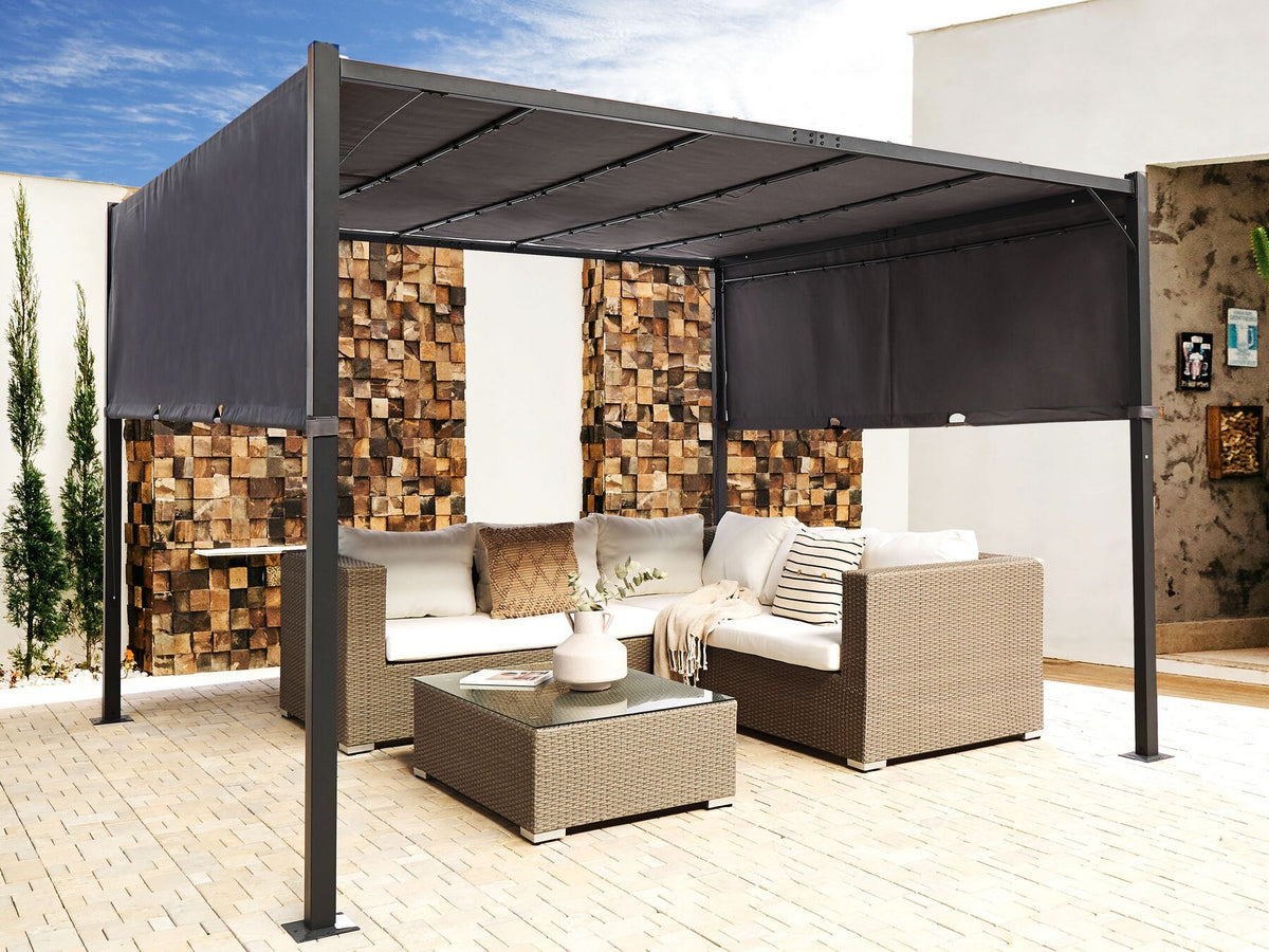 Pergola LuxeShine | Odporna na UV | Z regulowanym zadaszeniem | Lampa LED na energię słoneczną